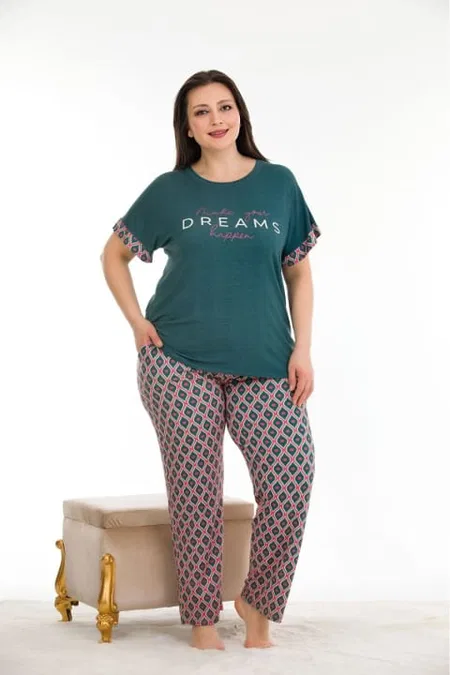 Koyu Yeşil Büyük Beden Kısa Kollu Pijama Takımı Lady 10932 - Yeşil