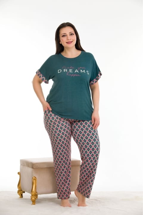 Lady Koyu Yeşil Büyük Beden Kısa Kollu Pijama Takımı Lady 10932