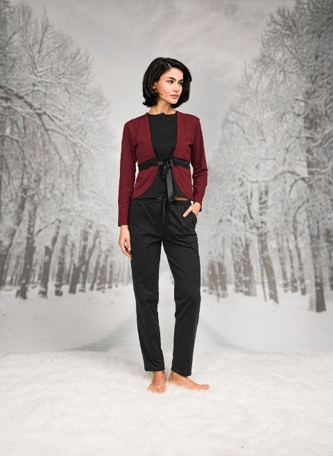 Pamuk ve Polyester Kuşaklı Lastikli T-shirt Pantolon Hırka Takım Doreanse 7136