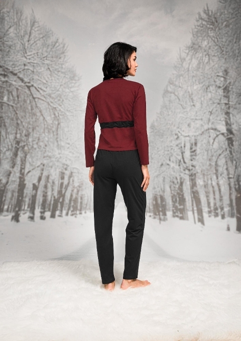 Pamuk ve Polyester Kuşaklı Lastikli T-shirt Pantolon Hırka Takım Doreanse 7136 - Siyah