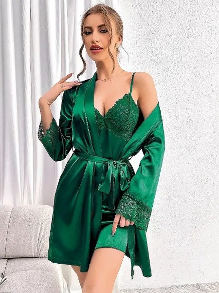 Dantelli Kuşaklı Saten Gecelik Takım Pink Night 1531 - Yeşil