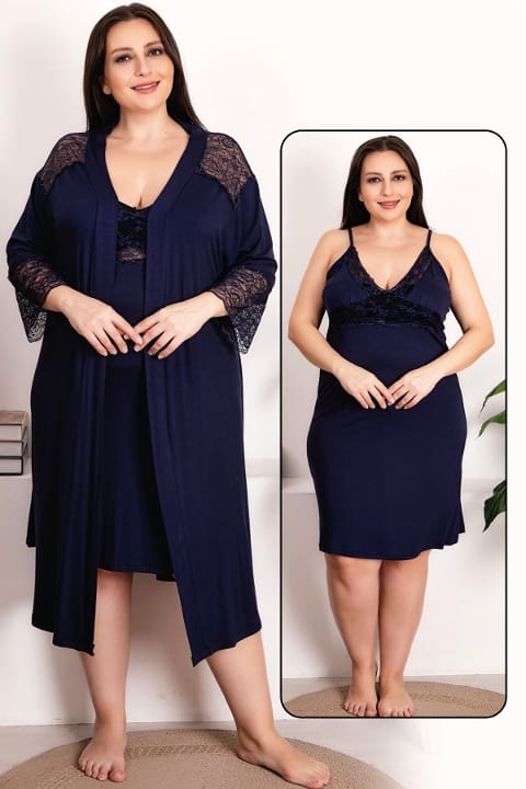 Esnek Kumaşlı Gecelik ve Sabahlık Takımı Lady 19213 - Lacivert