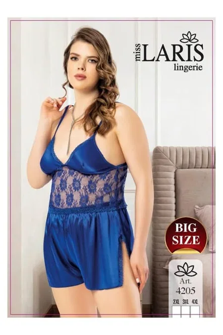 Lacivert Dantel İşlemeli Saten Şort Takım Miss Laris 4205 - Lacivert