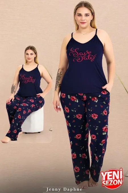 Lacivert Çiçek Desenli İnce Askılı Büyük Beden Pijama Takımı Lady 11019 - Lacivert