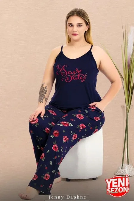 Lacivert Çiçek Desenli İnce Askılı Büyük Beden Pijama Takımı Lady 11019 - Lacivert