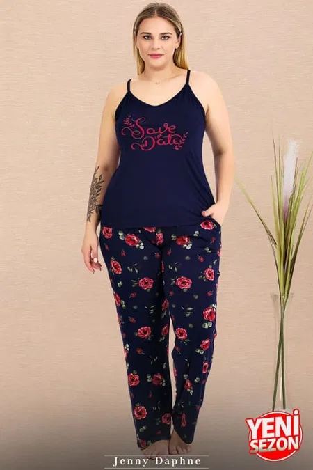 Lacivert Çiçek Desenli İnce Askılı Büyük Beden Pijama Takımı Lady 11019 - Lacivert