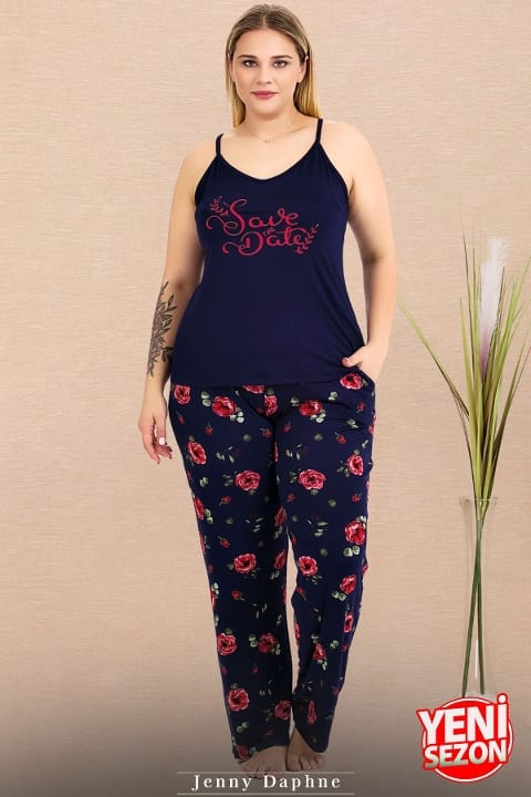 Lady Lacivert Çiçek Desenli İnce Askılı Büyük Beden Pijama Takımı Lady 11019 - Görsel 3