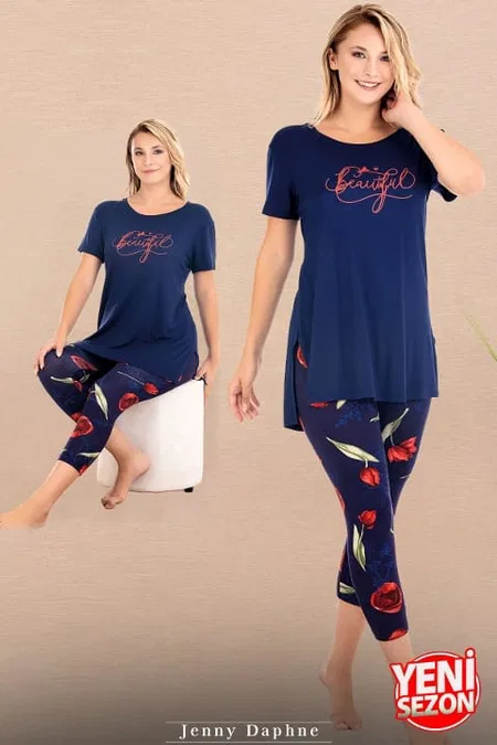Lacivert Çiçek Desenli Kısa Kollu Kapri Pijama Takımı Lady 12074 - Lacivert