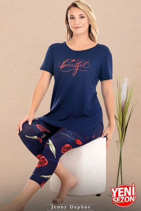 Lacivert Çiçek Desenli Kısa Kollu Kapri Pijama Takımı Lady 12074 - Lacivert
