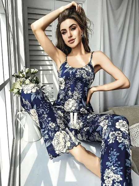 Lacivert Çiçekli Askılı Bluz Pantolon Takım Pink Night 1402