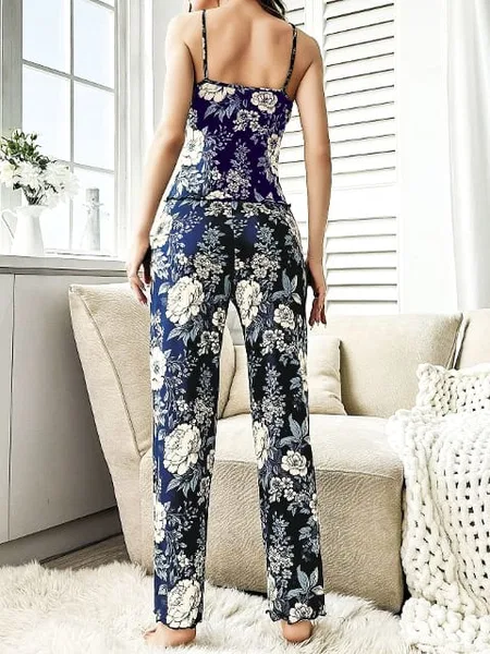 Lacivert Çiçekli Askılı Bluz Pantolon Takım Pink Night 1402 - Lacivert