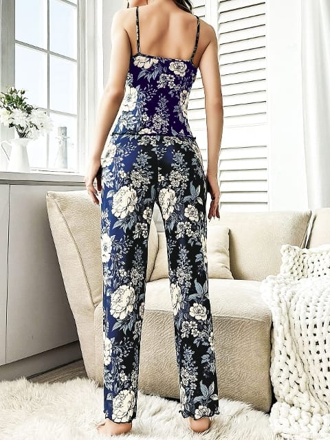 Lacivert Çiçekli Askılı Bluz Pantolon Takım Pink Night 1402 - Lacivert