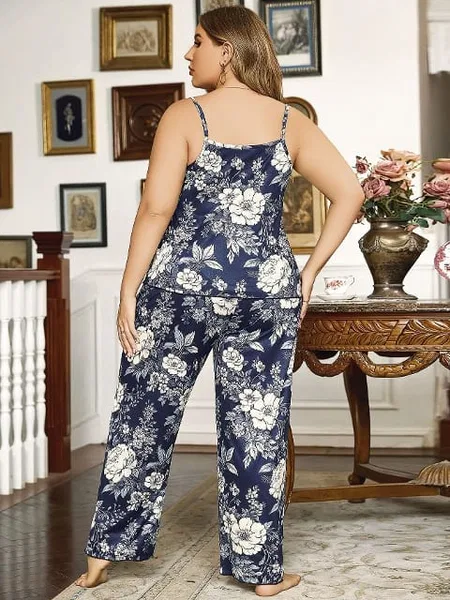 Lacivert Çiçekli Desenli Büyük Beden Kadın Pijama Takım Pink Night 6902 - 2