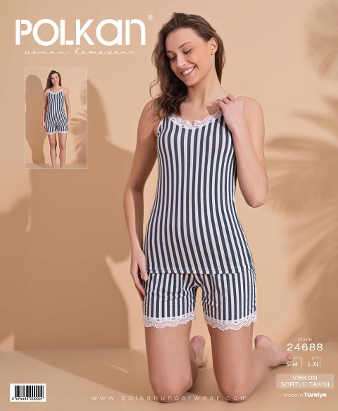 Lacivert Çizgili Askılı Viskon Şort Pijama Takımı Polkan 24688 - Lacivert