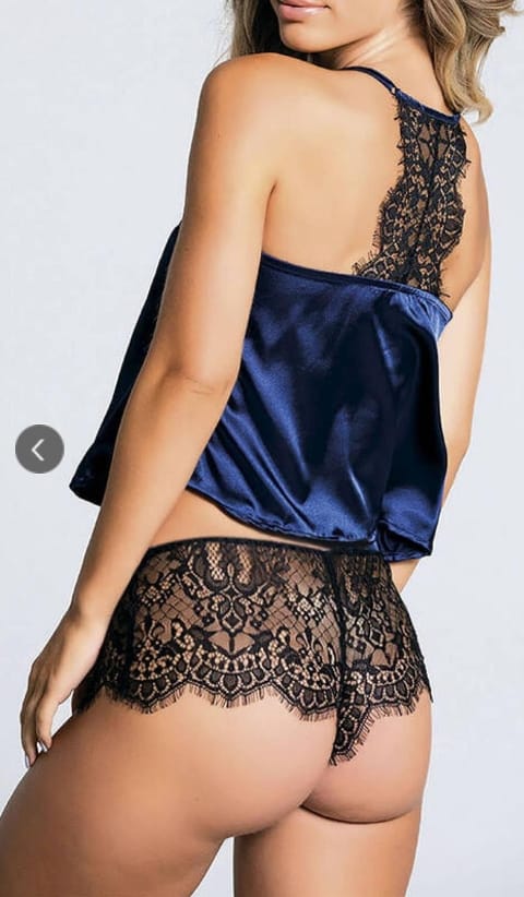 Lacivert Dantelli Saten Şort Takım Loomerie 567 - 2