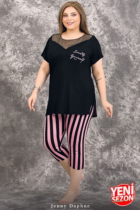 Büyük Beden Çizgili Tül Yaka Kısa Kollu Kapri Pijama Takımı Lady 10719 - 2