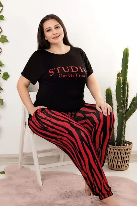 Desenli Büyük Beden Pijama Takımı Lady 10958 - Siyah