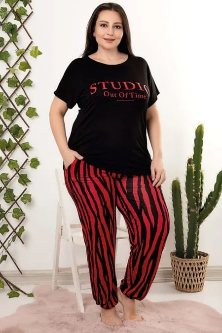 Desenli Büyük Beden Pijama Takımı Lady 10958 - Siyah