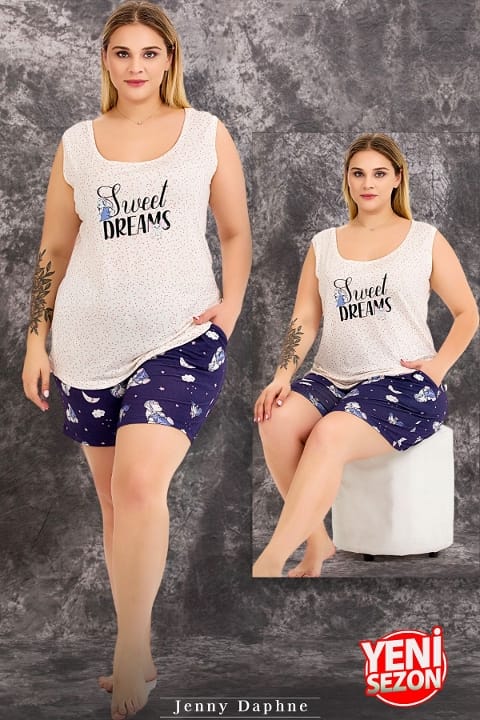 Büyük Beden Kısa Kollu Dantelli Şortlu Pijama Takımı Lady 10423 - Beyaz