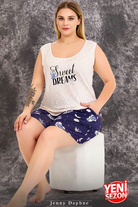 Büyük Beden Kısa Kollu Dantelli Şortlu Pijama Takımı Lady 10423 - Beyaz