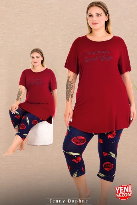 Desenli Kısa Kollu Kapri Pijama Takımı Lady 10720 - Kırmızı