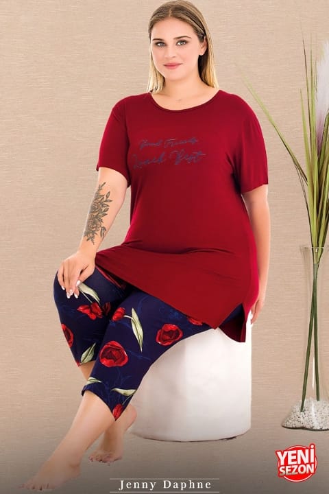 Desenli Kısa Kollu Kapri Pijama Takımı Lady 10720 - Kırmızı