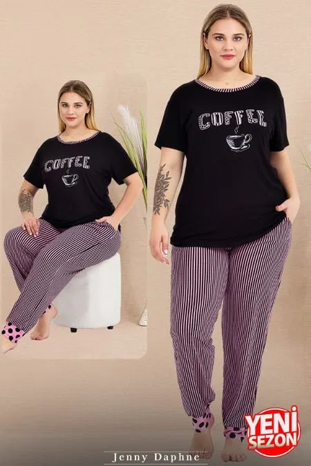 Somon Renkli Kısa Kollu Büyük Beden Pijama Takımı Lady 11009 - Siyah