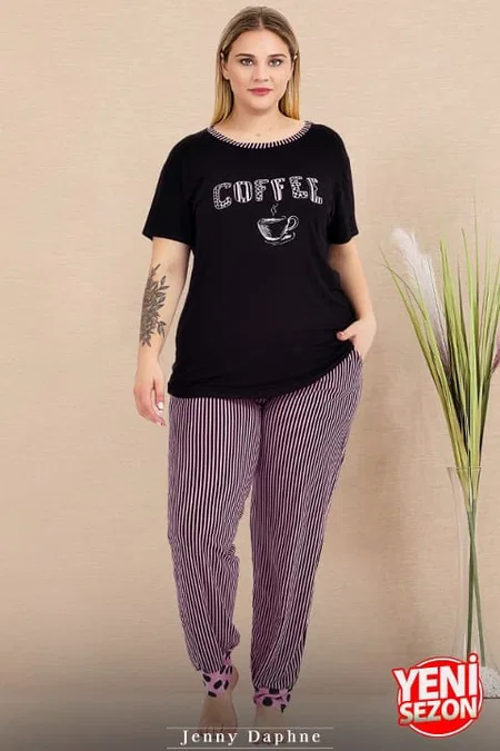 Somon Renkli Kısa Kollu Büyük Beden Pijama Takımı Lady 11009 - Siyah