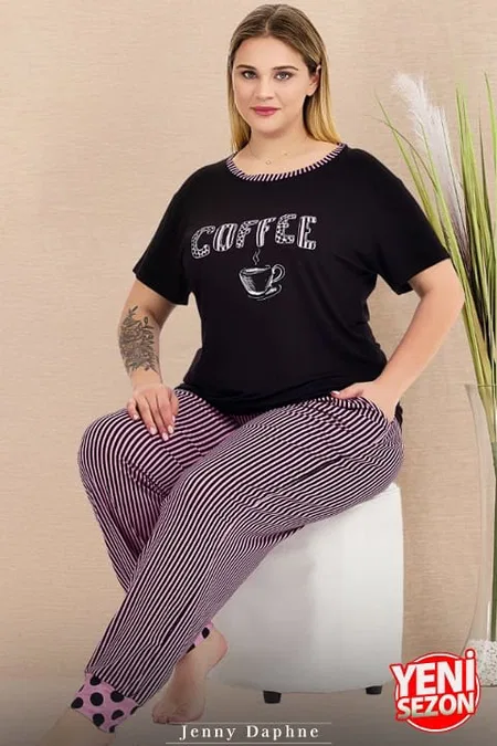 Somon Renkli Kısa Kollu Büyük Beden Pijama Takımı Lady 11009 - Siyah