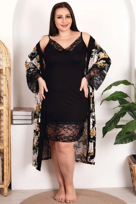 Çiçek Desenli Somon Renkli Kadın Pijama Takımı Lady 19222 - Siyah