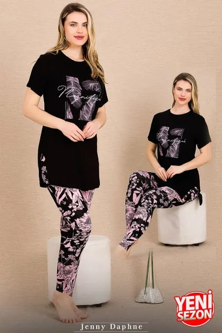 Çiçekli Desenli Kısa Kollu Pijama Takımı Lady 12483 - Siyah