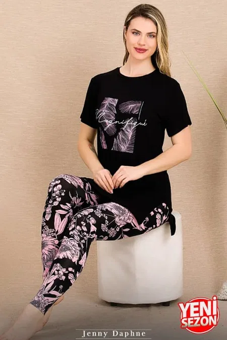 Çiçekli Desenli Kısa Kollu Pijama Takımı Lady 12483 - Siyah