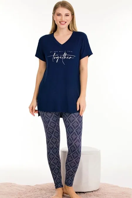 Desenli Kısa Kol V Yaka Pijama Takımı Lady 12576 - Lacivert