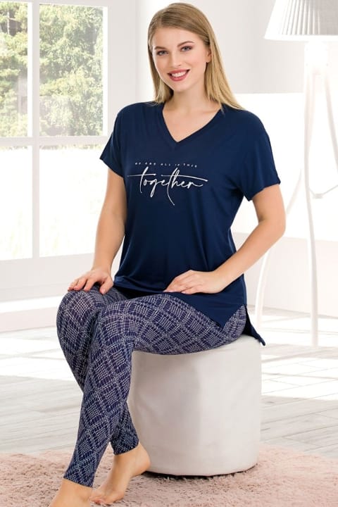 Desenli Kısa Kol V Yaka Pijama Takımı Lady 12576 - 2