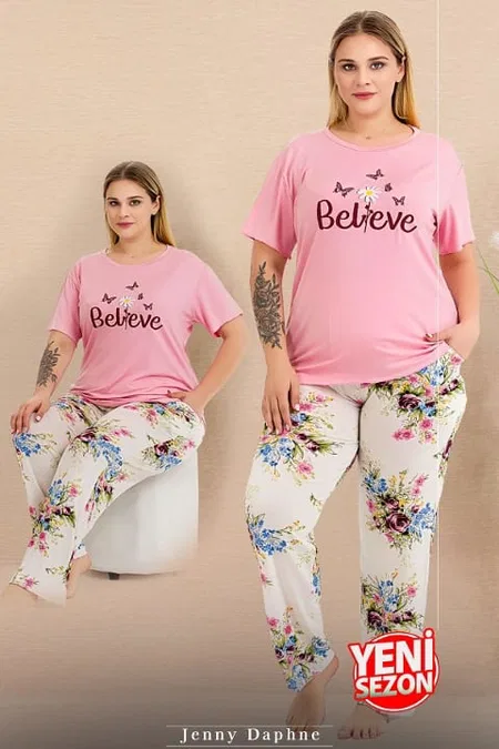 Büyük Beden Çiçekli Kısa Kollu Pijama Takımı Lady 11005 - Pembe