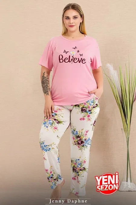 Büyük Beden Çiçekli Kısa Kollu Pijama Takımı Lady 11005 - Pembe