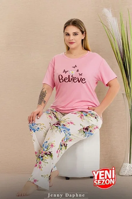 Büyük Beden Çiçekli Kısa Kollu Pijama Takımı Lady 11005 - Pembe
