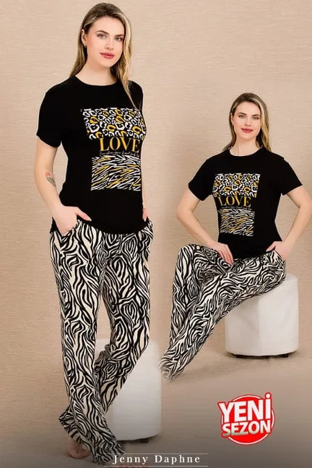 Zebra Desenli Kısa Kollu Pijama Takımı Lady 12490 - Siyah