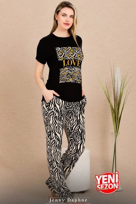 Zebra Desenli Kısa Kollu Pijama Takımı Lady 12490 - Siyah