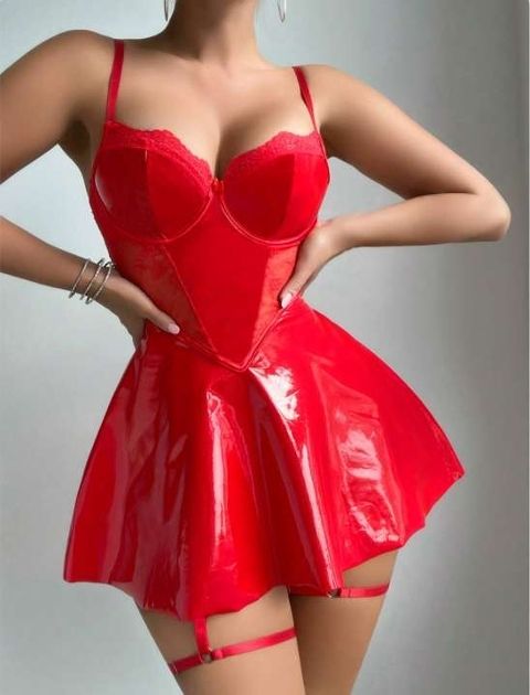 Lame Kırmızı Jartiyer İpli Mini Seksi Elbise Real Passione 21103 - Kırmızı