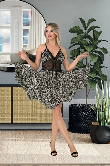 Leopar Desen Asimetrik Kesim Kısa Gecelik Somon İzabel 3009 - Siyah