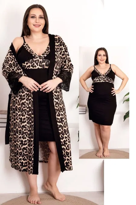 Leopar Desenli Büyük Beden Gecelik Sabahlık Takımı Lady 19219