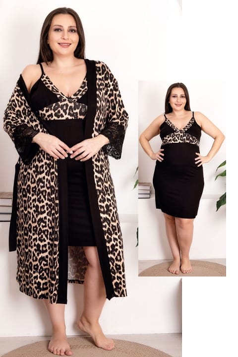 Leopar Desenli Büyük Beden Gecelik Sabahlık Takımı Lady 19219