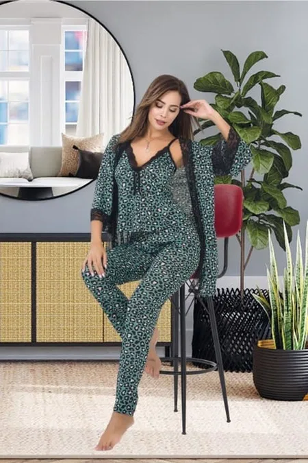 Leopar Desenli Penye 3lü Sabahlık Pijama Takımı İzabel 5000 - Yeşil