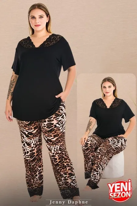 Leopar Desenli Dantel Yaka Büyük Beden V Yaka Kısa Kollu Pijama Takımı Lady 11006 - Siyah