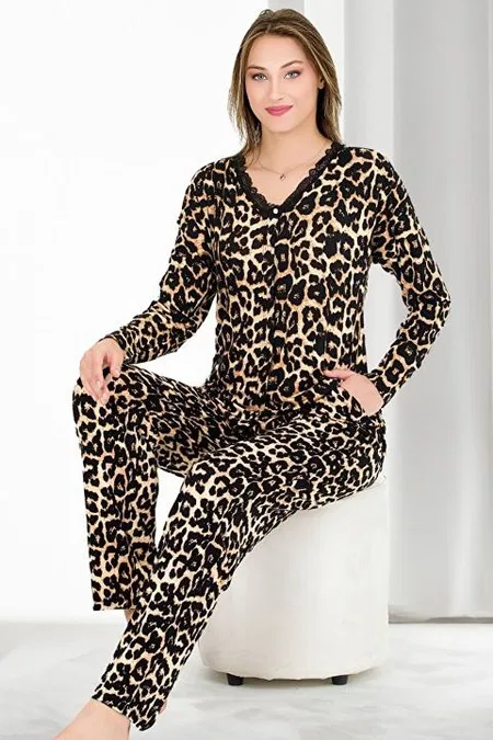 Leopar Desenli Dantel Yaka Uzun Kollu Pijama Takımı Lady 11650