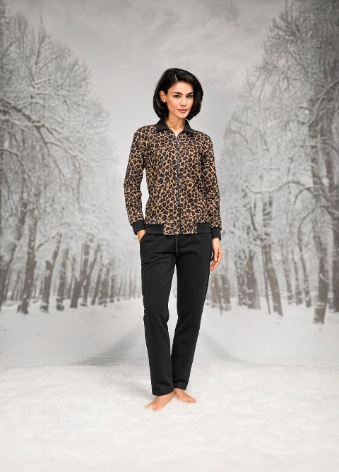 Leopar Desenli Pamuklu Polyester Ceket Pantolon Takım Doreanse 4099