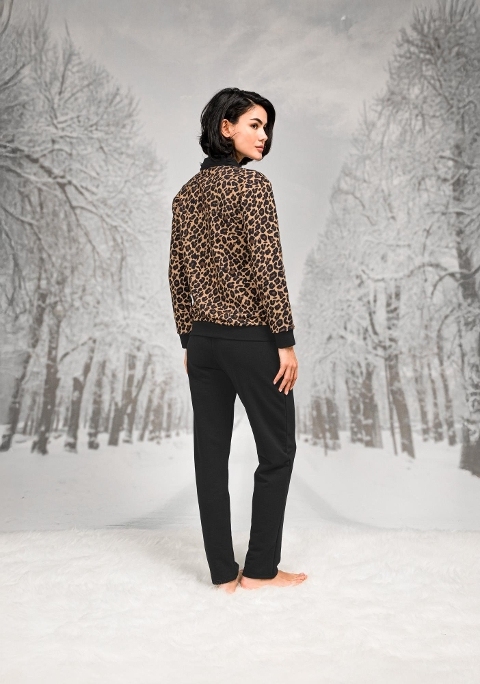 Leopar Desenli Pamuklu Polyester Ceket Pantolon Takım Doreanse 4099 - Siyah