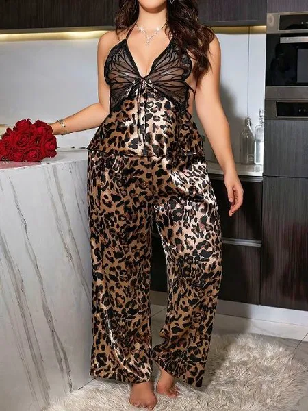 Leopar Desenli Esnek Pijama Takımı Pink Night 6915 - 2