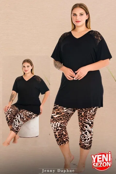 Leopar Desenli V Yaka Dantelli Kapri Pijama Takımı Lady 10730 - Siyah